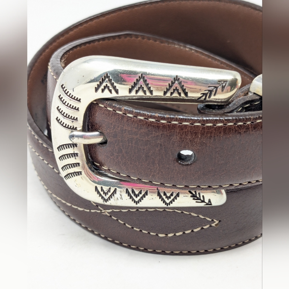 Brown Leather Mens Size 36 White Stitching Belt Silver Tone Buckle Western USA